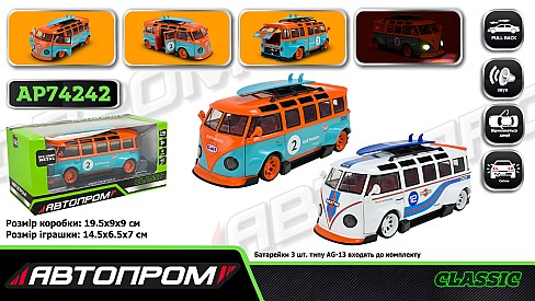 Машина мет. АВТОПРОМ арт. AP74242 (24шт/2) 1:32 Volkswagen t1 bus,2 кольори  батар,світло,звук,відкр