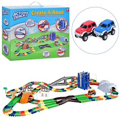 Трек CF1108 (6шт)288 предметів, машинки 2шт, мости, дерева,знаки, на бат-ці, в кор-ці, 40-50-12см