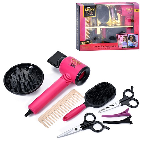 Набір аксесуарів 626028 (24шт) набір перукаря, фен-повітря, ножиці, гребінці, заколки, 9пр, на бат-ц