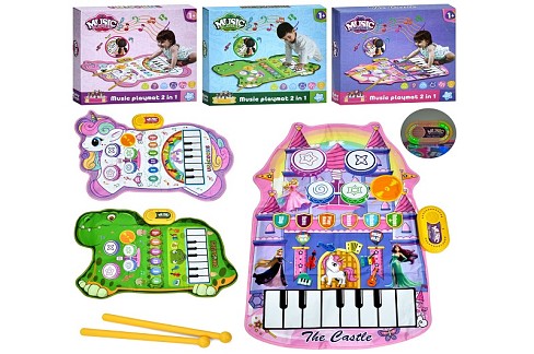 Килимок YYD-01-02-03 (15шт) музичний, 90-58/64см, піаніно, барабани, палички 2шт, музика,світло, зап