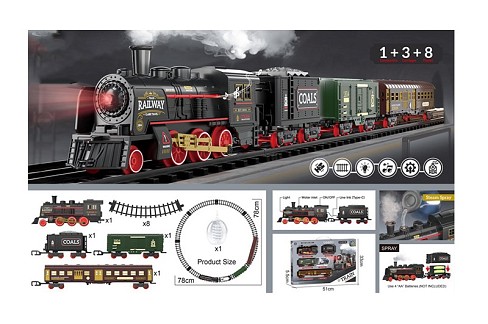 Залізниця 652-X19 (18шт) 78-78см, локомотив, вагон 3шт, пара/дим, звук, світло, на бат-ці, в кор-ці,