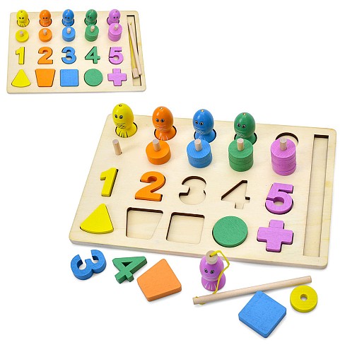 Дерев'яна багатофункціональна дошка MD 0879 (30шт) навч., ігрове поле 22-15см, цифри (1-5), кільця