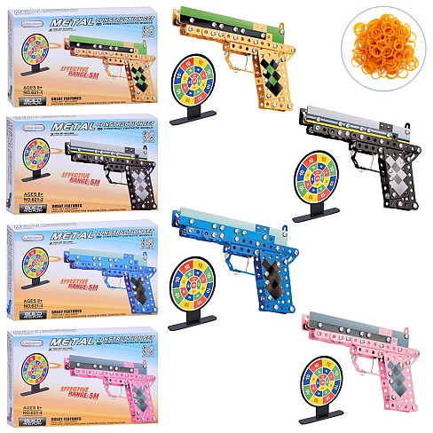 Конструктор 621-1-2-3-4 (36шт) метал, пістолет, мішень, резинки, наліпки, 4 види, в кор-ці, 31,5-20,