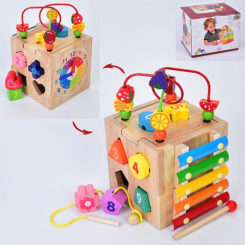 Дерев'яна іграшка Центр розвиваючий MD 0821 (12шт) куб, лабиринт на дроті, 24-15-15см, сортер, фігур