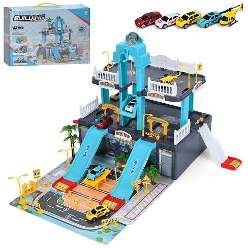 Гараж A246 (9шт) 65-63-в43см, 2 поверхи, ліфт(механічний), машинка 7см 4шт, вертоліт, дорожні знаки,