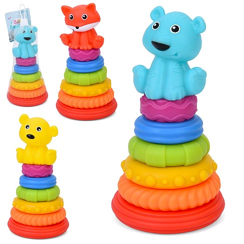 Пірамідка 638-112 (30шт) 18,5см, кільця-пазли 5шт (текстурні), 3 види, в сітці, 24-10-10см