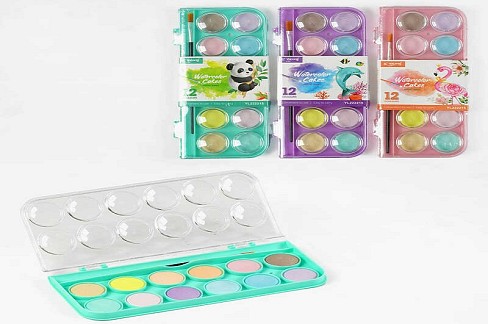 Акварельні фарби C 62072 (144) 12 кольорів, пензлик, пастельні кольори, в плівці, МІКС ВИДІВ