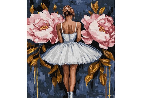 Картина по номерах Балерина з рожевими півоніями з фарбами металiк extra" 40x50см  KHO8662"