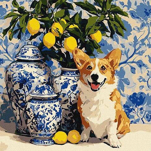 Картина по номерах Коргі та лимони" 40х40см  KHO6882"