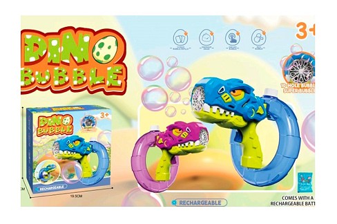 Мильні бульбашки BE-001B (12шт) пістолет (динозавр), 23см, світло, акум, USBзарядне, запаска 10шт (п