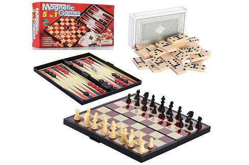 Шахи 9841 А (48шт)магнітні, 5в1 (нарди, шашки, доміно, карти), в кор-ці,  25-13-3,5см