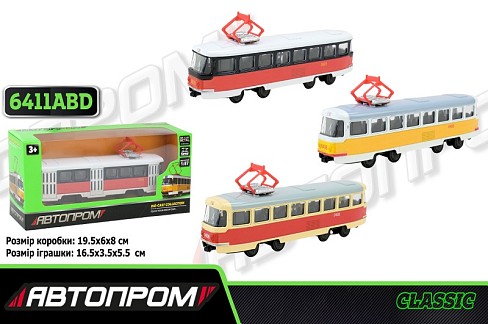 Трамвай метал 6411ABD (96шт/4) АВТОПРОМ",1:54, 3 кольори, в кор. 19,5*5*8см"