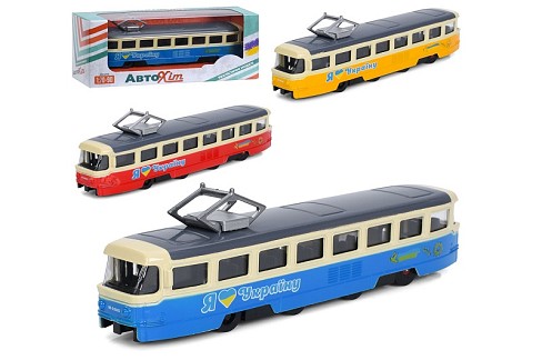 Трамвай M 6385 (36шт) метал, 1:70-90, інерція, 18,5см, відчиняються двері, 3 кольори, в кор-ці, 19,5