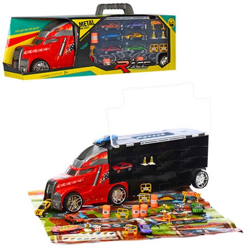 Трейлер LA-015 машинка (мет.) 6 шт., дорожні знаки, кор., 55,5-18-11,5 см.