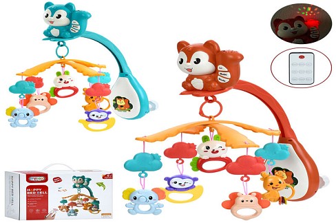 Карусель на кроватку 668-38N (12шт) мобіль на ліжко, пульт, білка, підвіски (тварини-брязкальце 5шт)