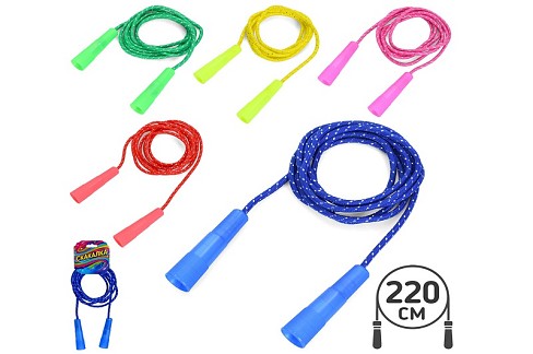 Скакалка MS 4384-2 (200шт) 2,2м (ручки включно), мотузка, 5 кольорів, на листі, 10-19-3см УПАК10шт