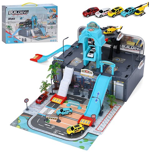 Гараж A245 (9шт) 62-64-в33см, ліфт(механічний), машинка 7см 4шт, вертоліт, дорожні знаки, дерева, 56