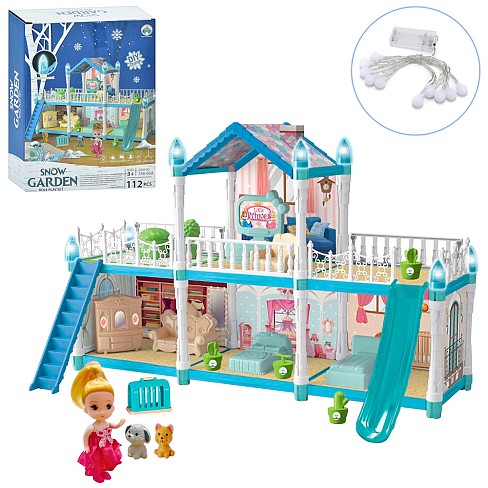 Будиночок 556-65A-1 (24шт) 49-23-в30,5см, 2 поверхи, меблі, світло, гірка, лялька 10см, тварини, пер