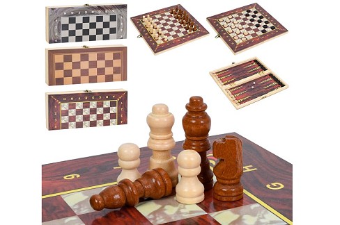 Шахи 28ACD (60шт) дерев, 3в1 (шашки, нарди), 3 кольори, в кульку, 27,5-14-3,5см