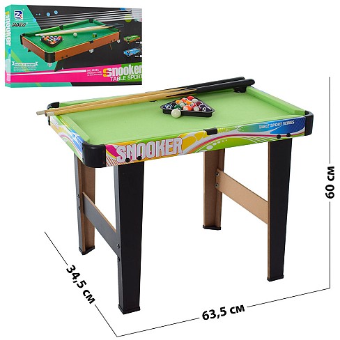 Більярд 2035+3 (6шт) дерев,на ніжках, 63,5-34,5-60см,кий 2шт,ку?лі,щітка, крейда,в кор-ці, 64-36-7см