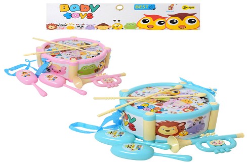 Музичні інструменти 890-18 (48шт) барабан, дудка, маракаси, 2 кольори, у кульку, 28,5-32-10см