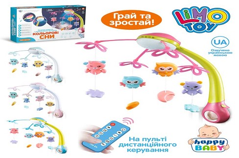 Карусель HB 0006 ABCD (6шт) на ліжечко, дист.кер.(ІЧ), підвіски 4шт, муз.(укр.), світло, 4 кольори,