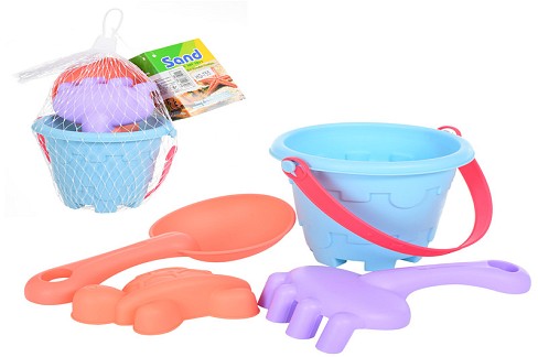 Набір для пісочниці HG-755 (120шт) відерце, лопатка, граблі, форма, м'який, в сітці, 18-11-11см