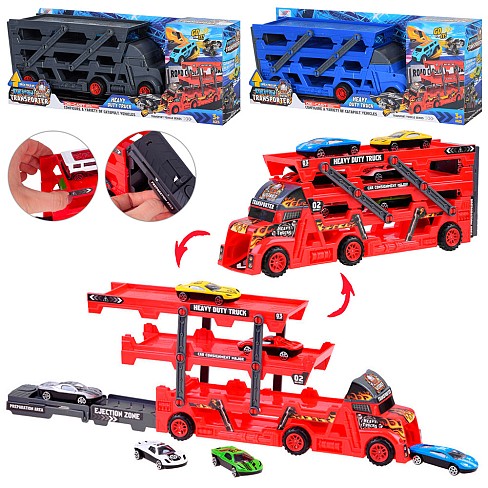 Трейлер K180A10 (24шт) 29,5см, розкладається, машинки метал, 6шт, 3кольори, в кор-ці, 41-15,5-7,5см