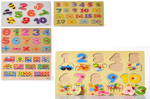 Дерев'яна іграшка Рамка-вкладиш MD 0646 ручка, цифри, 5 видів, 29,5-21,5 см