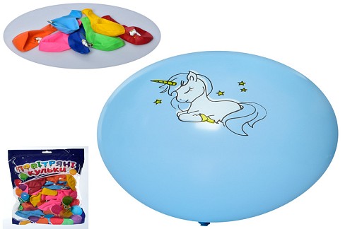 Кульки надувні MK 1039-13 (100шт) 12 дюймів, принт єдиноріг, мікс кольорів, 50шт у кульці,19-29-2см