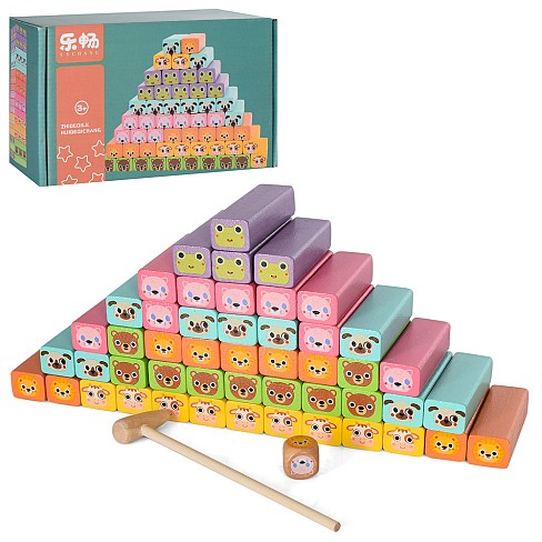 Дерев'яна іграшка Гра MD 1652 (21шт) кубики (тварини), молоточок, в кор-ці, 22,5-14-8см