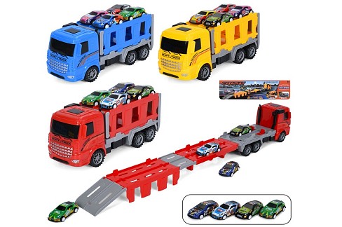 Трейлер 2090 (48шт) інерція, 24см, 2в1 (трек, 65см, запуск), машинка 7см, 4шт, мікс видів, у пакеті,