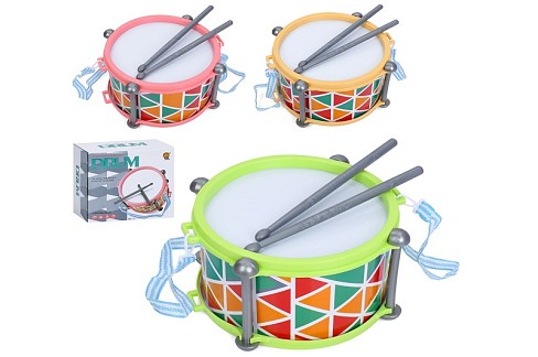 Барабан 2018T (36шт) 21,5-11см, 2 палички, ремінець, 3 кольори, в кор-ці, 20,5-19-11,5см