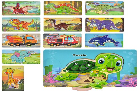 Дерев'яна іграшка Пазли MD 1924 (60шт) транспорт/тварини/динозаври, 12видів, у кульку, 22,5-13-1см