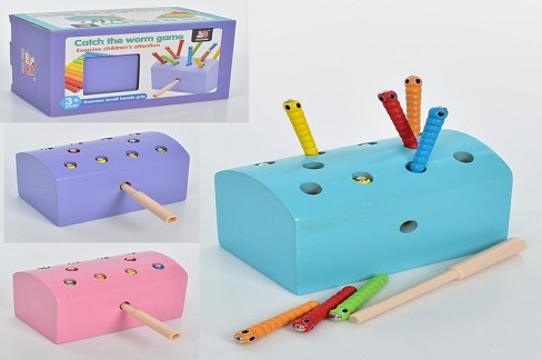 Дерев'яна іграшка Риболовля MD 1952 (24шт) магнітна, гусениці10шт,вудка,3кол.,кор,16-10-9,5см