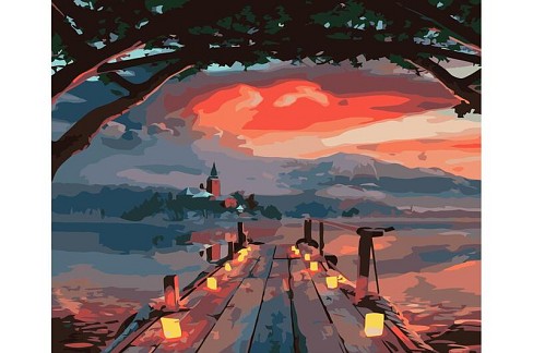 Картина по номерах Ліхтарики біля води Strateg з лаком та рівнем розміром 40х50 см (VA-3627)