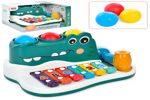 Гра RJ6807 (18шт) крокодил, ксилофон, стукатка, молоточок, кульки, муз, у кор-ці, 29-16-18см