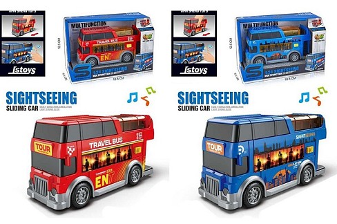 Автобус JS226A-26 (36шт) інерція, двоповерховий, 15см, 1:24, звук, світло, гумові колеса, 2 кольори,