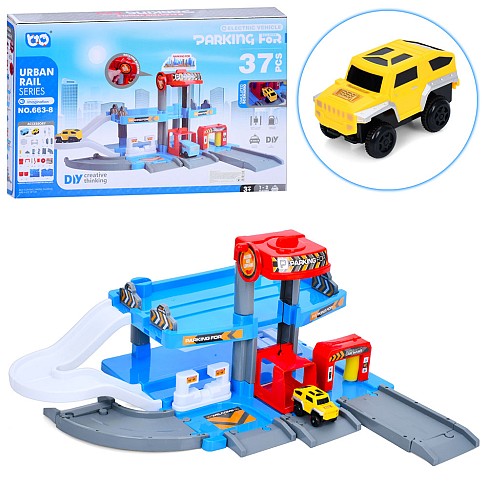 Гараж 663-8 (12шт) 59-52-32см, 2 поверхи, 37 деталей, машинка 8см, ліфт,на бат-ці,в кор-ці, 58-11-37