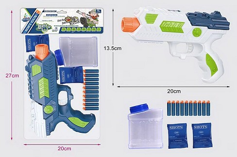Бластер арт. 502-15 (72шт/2) 2 кольори, 2 гелієві кулі, 10 поролонових снарядів, пакет 20*5*27см