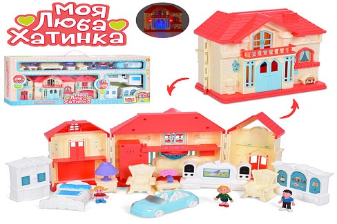 Будиночок WD-933E (12шт) 38-19см, автомобіль 12см, фігурка 6см 3шт, меблі,звук, світло, на бат-ці. в