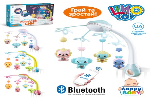 Карусель HB 0007 ABCD (12шт) на ліжко,д/к-ІЧ,підвіс4шт,муз-укр, світло,bluetooth,4кол, на бат-ці, в