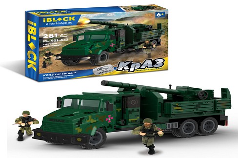 Конструктор IBLOCK арт. PL-921-442 (12шт) Армія, КрАЗ САУ Богдана, 281дет., 2 фігурки, у короб. 36*5