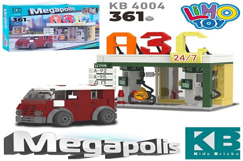 Конструктор KB 4004 (16шт) АЗС, машинка, 361дет, в кор-ці, 38-29-6см