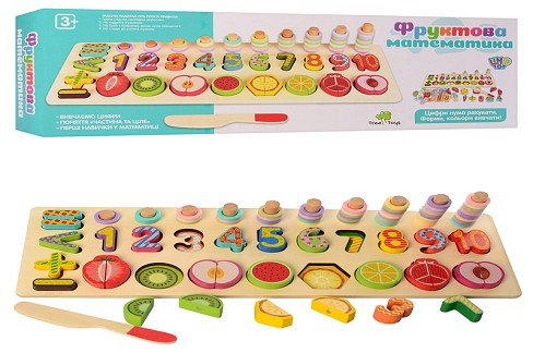 Дерев'яна іграшка Набір першокласника MD 2284 (20шт) цифри/фрукти/фігури(рамка-вкладиш),кор.,46-15-5