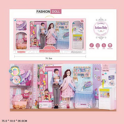 Лялька арт. 202169 (12шт/2)  типу Барбі, сім'я 4 ляльки(мама, тато, 2 малюки), візочок, ліжечко, акс