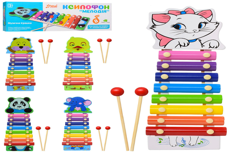 Дерев'яна іграшка Ксилофон MD 0712 (36шт) тварина, 8 тонів, 4 види, кор., 35,5-13-3 см.