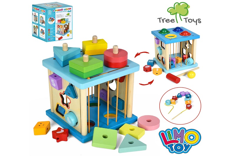 Дерев'яна іграшка центр розвиваючий MD 1382 (16шт) 4в1, куб, сортер (10фігур), шнурівка, стукалка (4