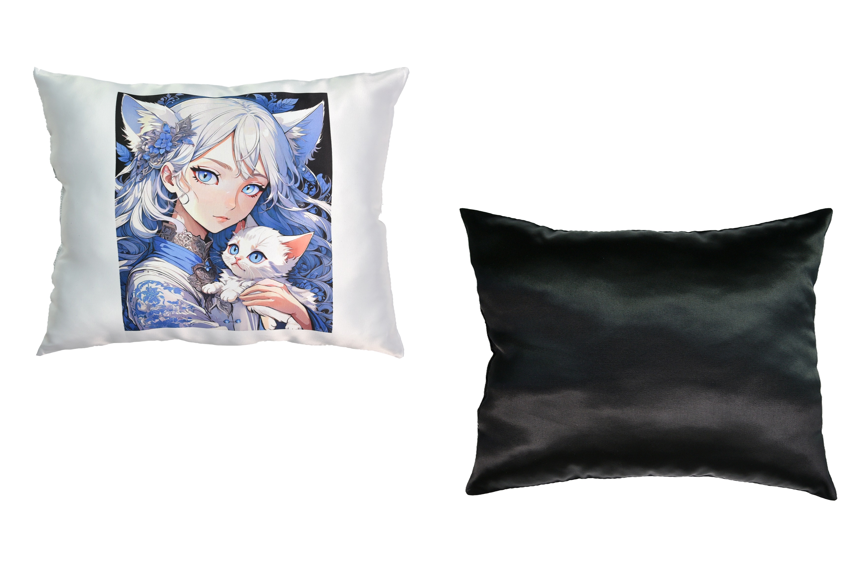 Подушка    Аніме дівчина з кошеням" розмір 40*35 см чорна з нанесенням сублімації Strateg (60660)"