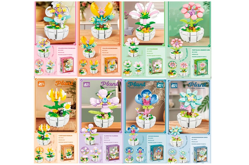 Конструктор 33028-9-0-1-2-3-4-5 (96шт) квітка у горщику, від 142дет, 8 видів, в кор-ці, 12-17-6см